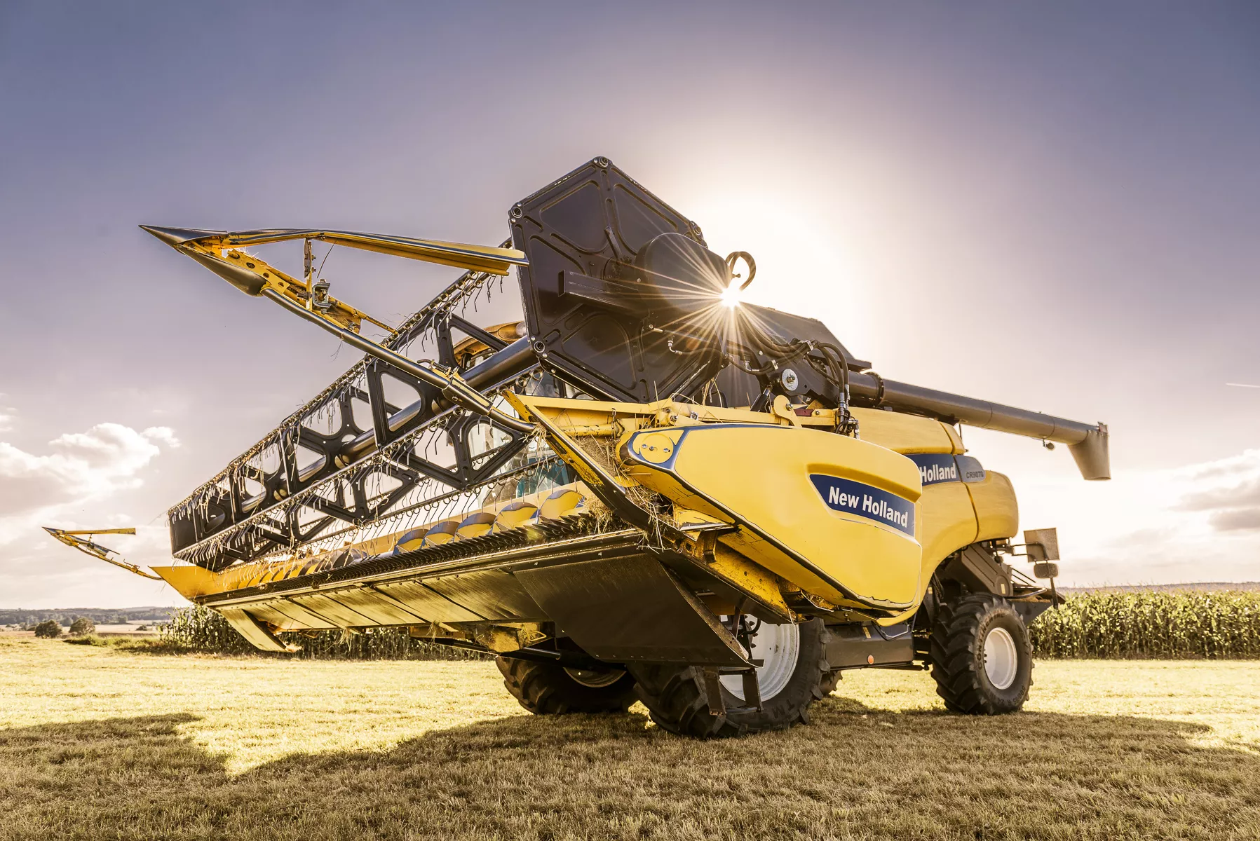 Ein großer Mähdrescher auf einem Feld im Gegenlicht